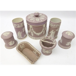  19th century Wedgwood lilac Jasperware tobacco jar, pipe rest, pair cylindrical jars and covers, pair cylindrical vases etc (7)  