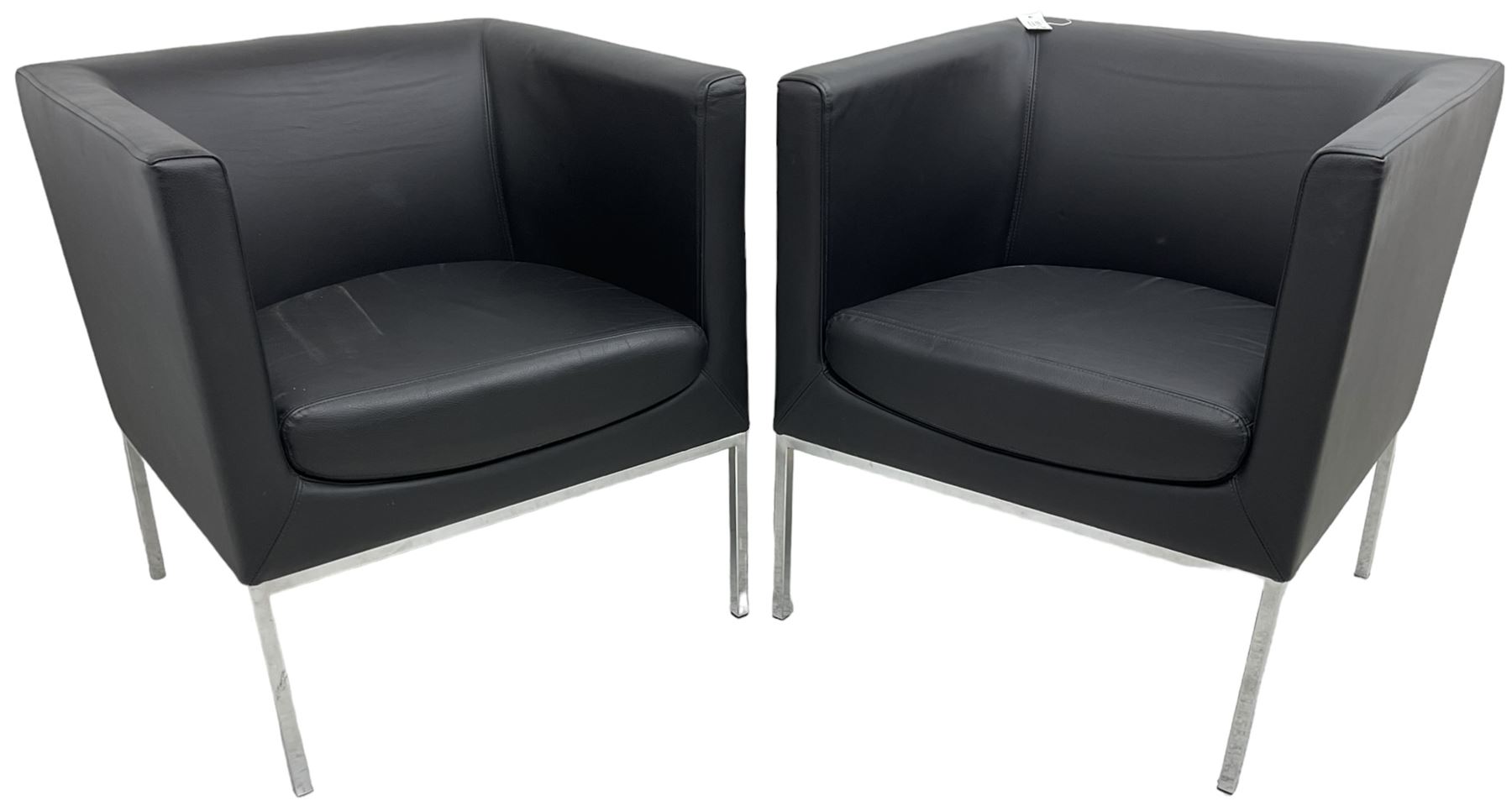 Orangebox - pair of contemporary 'Drift' tub armchairs, upholstered in blakc faux leather, on chrome supports