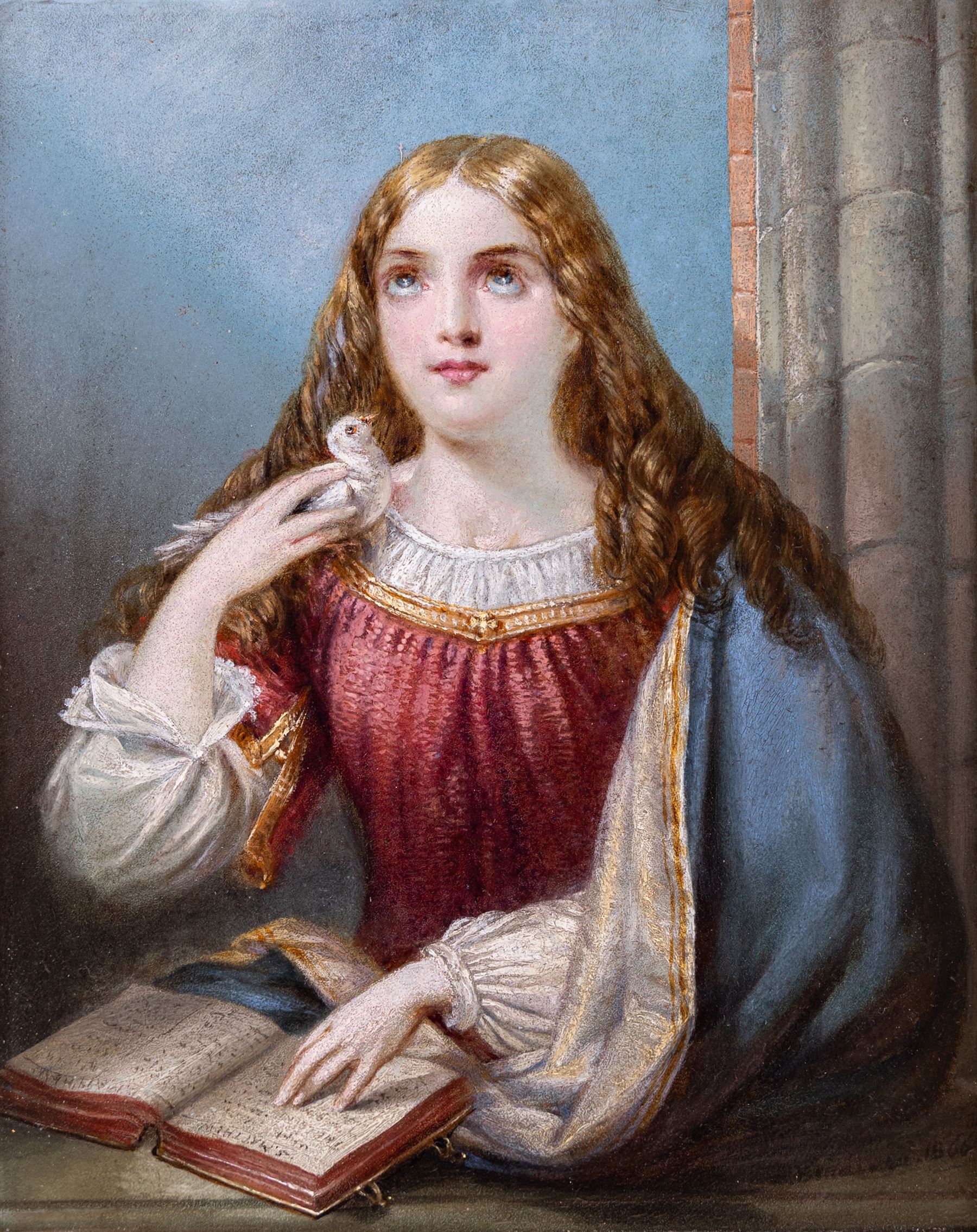 Siegfried Detlev Bendixen (German 1786-c1864): 'Faith' and 'Love', pair oils on panel faintly signed and one dated 1866, titled and inscribed verso 'Painted by S Bendixen 1866 and finished for the Countess of Tyrconnel at Kiplin March 1867', relating these to Kiplin Hall, near Richmond, and the Countess Sarah Carpenter (1799-1868), 27cm x 22cm (2)
Notes: Although the death of the artist is widely recorded as 1864, there is little information available regarding his time in England after moving to London in 1832, and the circumstances of his death are unknown. These portraits being dated 1866/1867 plausibly suggests that he died at a later date.