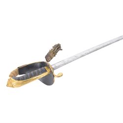 British William IV 1822 pattern Infantry General sword, retailed by John Salter cutler to Horatio Nelson and Prince Augustus Fredrick, Duke of Sussex, the 73cm curved pipe backed blade etched to both sides, with the royal monogram and the owners coat of arms and initials 'GD, brass gothic guard with original gilding, the cartouche of the crossed baton depicting the crossed baton and sword of a general, shagreen covered grip and triple wire binding, the guard complete with leather lining and gilt sword knot, in leather scabbard with three gilt brass mounts, the top mount bearing the cutlers name and address, with twin suspension rings, overall L89cm  