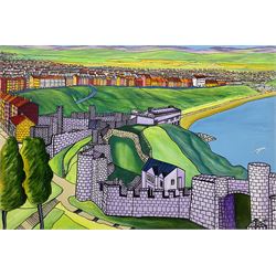 Tom Rayner (Scarborough 1948-2023): Scarborough North Bay from the Castle, acrylic on canvas signed 61cm x 91cm (unframed)