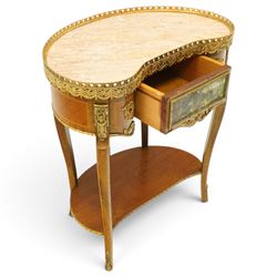 French Louis XV design inlaid kidney-shaped occasional table, the shaped pink marble top with pierced and raised gilt metal gallery edge of egg-and-dart design with swags, fitted with central drawer with a pastoral scene to facia, flanked by gilt metal mounts, raised on cabriole supports united by shaped undertier 
