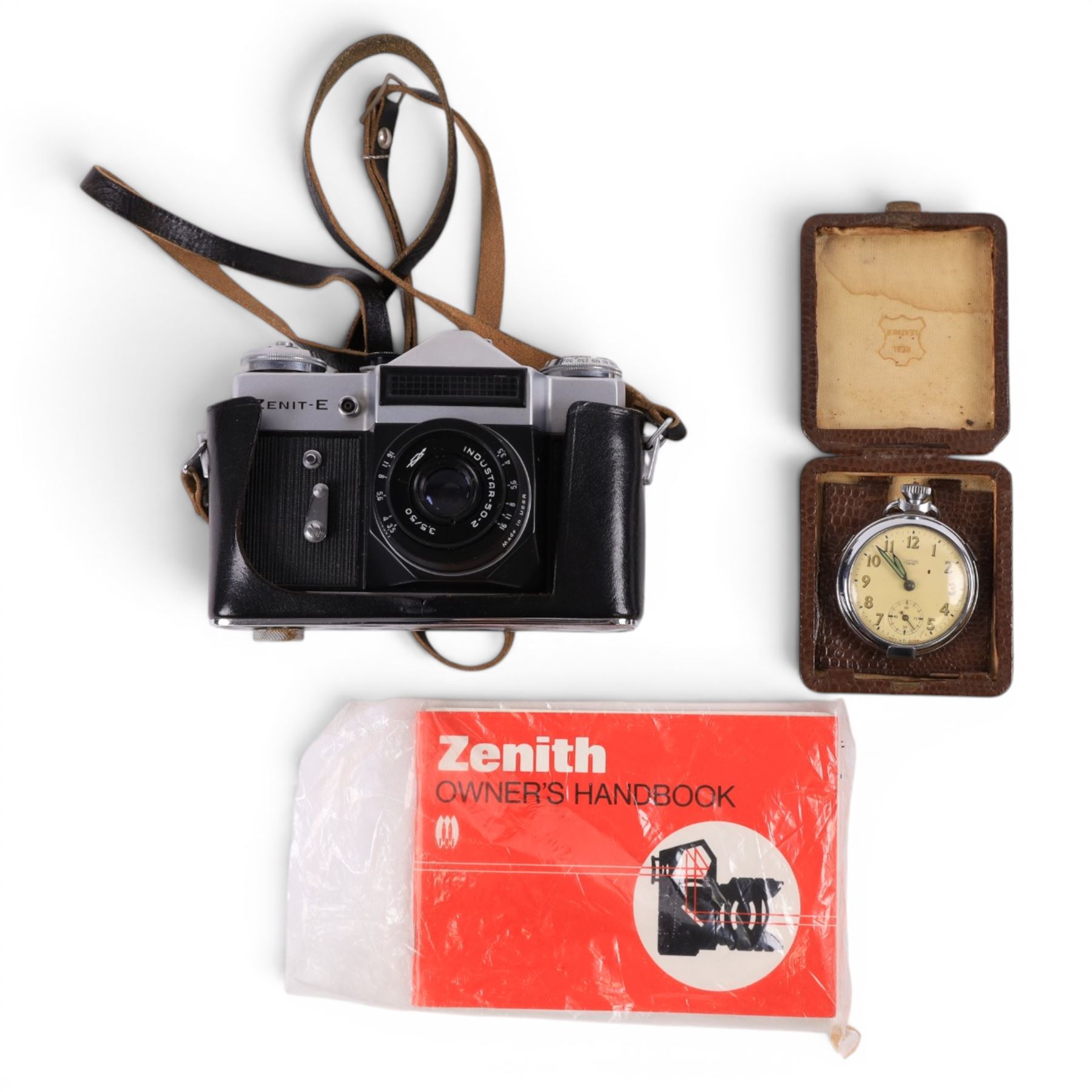 Three cameras, including Kodak Vest Pocket Camera A-127, Zenit E and a Hapo 10 and a Smiths Empire pocket watch 