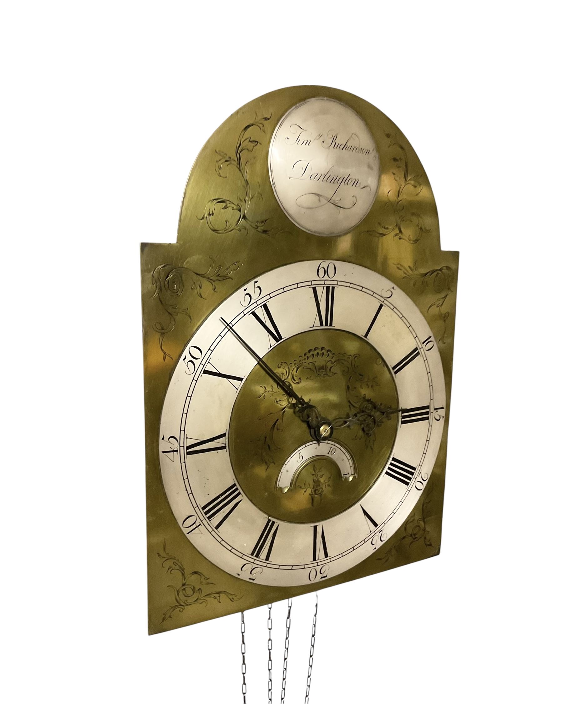 Timothy Richardson of Darlington-late 18th century 30hr longcase clock movement and dial c 1780, break arch brass dial with engraved spandrels, engraved dial centre and date aperture, silvered boss to the arch with makers name and place of work, with a silvered chapter, Roman numerals, five minute Arabic's, minute track and original steel hands, dial pinned directly to a chain driven movement with a recoil anchor escapement and outside countwheel strike, sounding the hours on a cast bell. With weight and pendulum. Dial 12