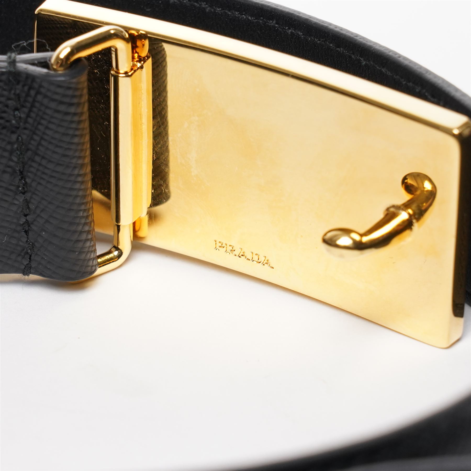 Prada - black Saffiano leather belt with gold-tone hardware logo buckle, size 36/90, with original dust bag