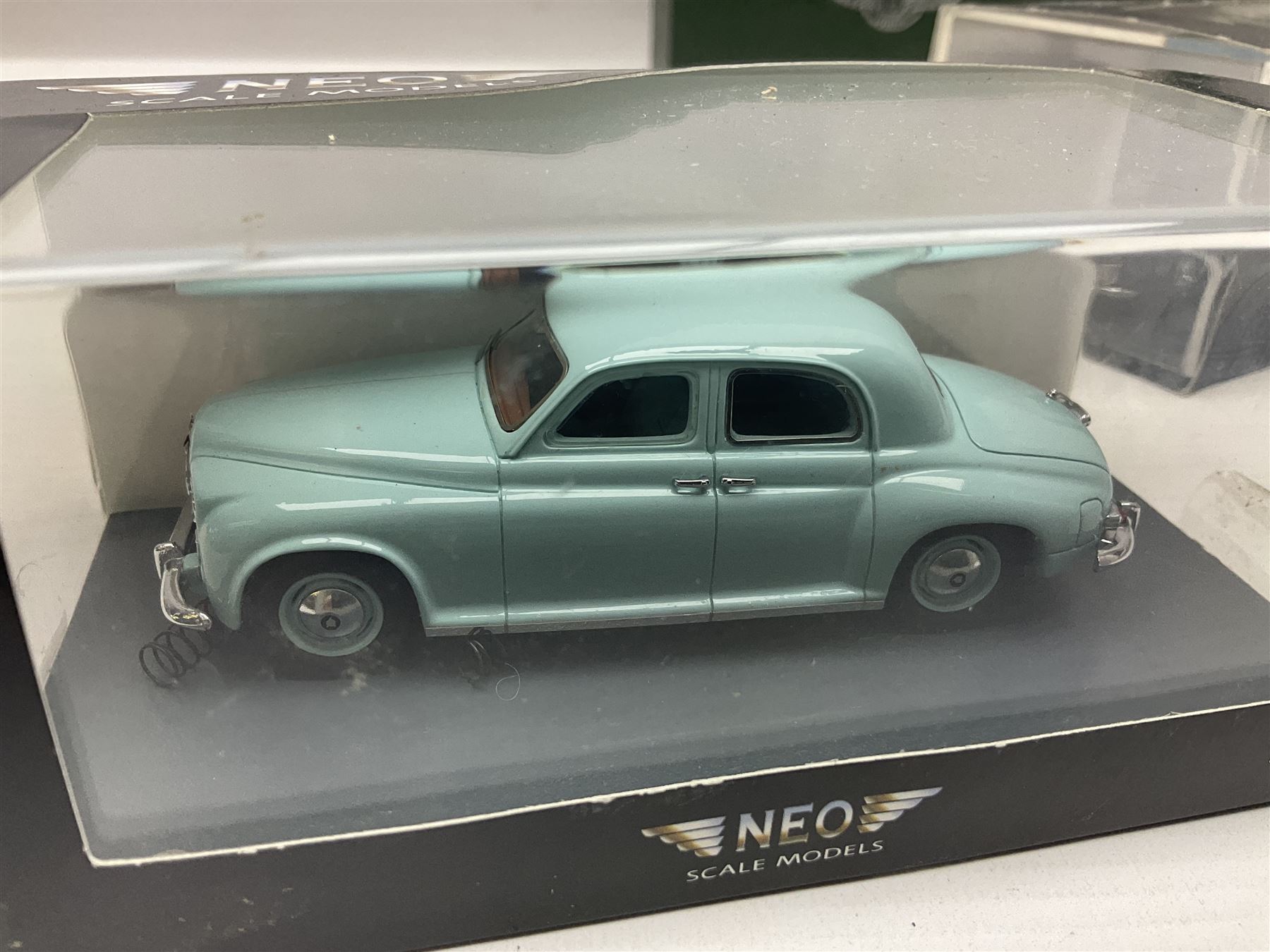 Nine Neo Scale Models 1:43 scale die-cast models including Daimler Majestic major, S&S Landau Hearse, Lagonda 3-litre 1955, Rover P4 Seventy-five, Jaguar 420Rover P5b Coupe etc; some boxed (9)