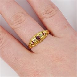 18ct gold ruby and diamond ring, five alternate round cut rubies and rose cut diamonds, in a scroll design setting, Sheffield 2004