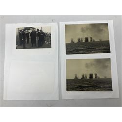 WW2 Royal Naval group of eight medals comprising OBE, hallmarked silver Distinguished Service Cross inscribed verso Lieut. J.R. McCluskie RNVR 1945, 1939-1945 Star, Atlantic Star, Africa Star, 1939-1945 War Medal, Defence Medal and Royal Naval Patrol Service Medal inscribed Lieutenant J.R. McCluskie Royal Naval Patrol Service; with seven original photographs of a sea battle 27th November 1940 against the Italian Fleet and another photographic postcard of Sir Stafford Cripps arriving on board one of the vessels.