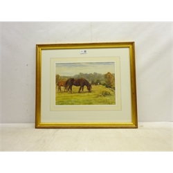  James William Booth (Staithes Group 1867-1953): Horses Grazing - 'Wrench Green Hackness', watercolour signed, titled verso 24cm x 34cm  DDS - Artist's resale rights may apply to this lot   