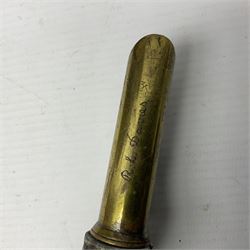 Two leather shot flasks with embossed decoration and brass nozzles; scissor action bullet mould with two ladles; pair of 19th century J.B. Warrilow hammer actions; small quantity of Staybrite buttons; and 1968 dated metal ammunition tin for 200 x 7.62 blank cartridges