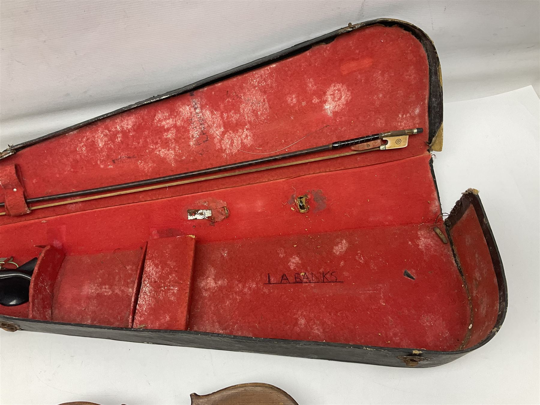 Chinese Parrot violin with 35.5cm two-piece back; L59.5cm in carrying case; and early 20th century German violin for restoration; bears label 'Antonius Stradivarius Faciebat Anno 1730'; cased with bow (2)