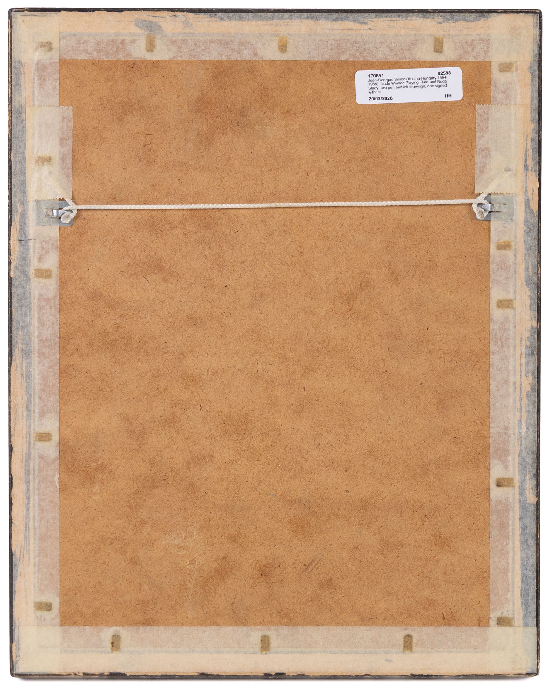 Jean-Georges Simon (Austria-Hungary 1894-1968): Nude Woman Playing Flute and Nude Study, two pen and ink drawings, one signed with initials and dated '61, 30cm x 22cm and 19cm x 13cm (2)