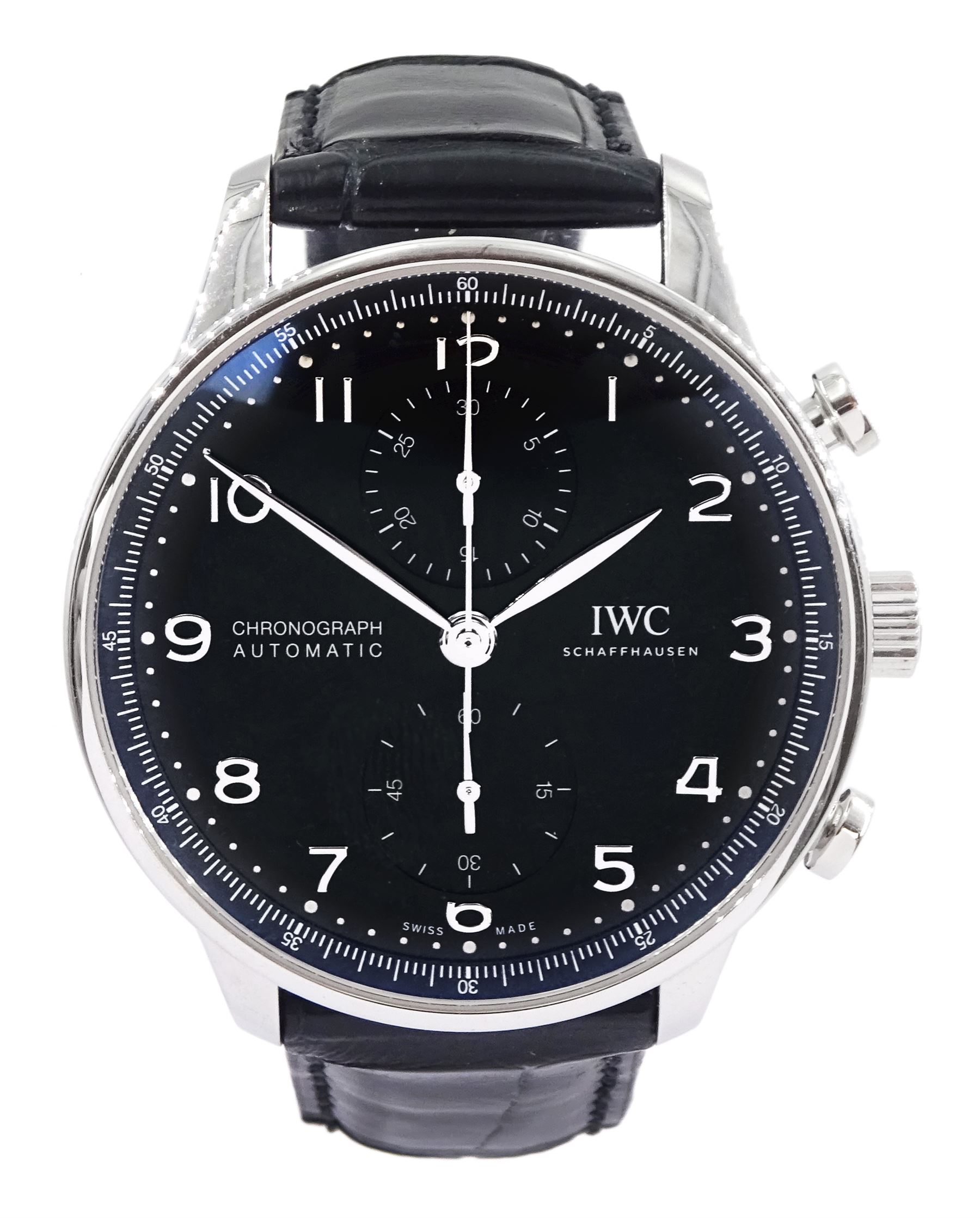 IWC (International Watch Company) Portugieser gentleman's stainless steel automatic chronograph wristwatch, Ref. IW371609, black dial with subsidiary dials at 12 and 6 o'clock for continuous seconds and 30 minute recording, on original black leather strap, boxed with warranty card dated 05.12.2023