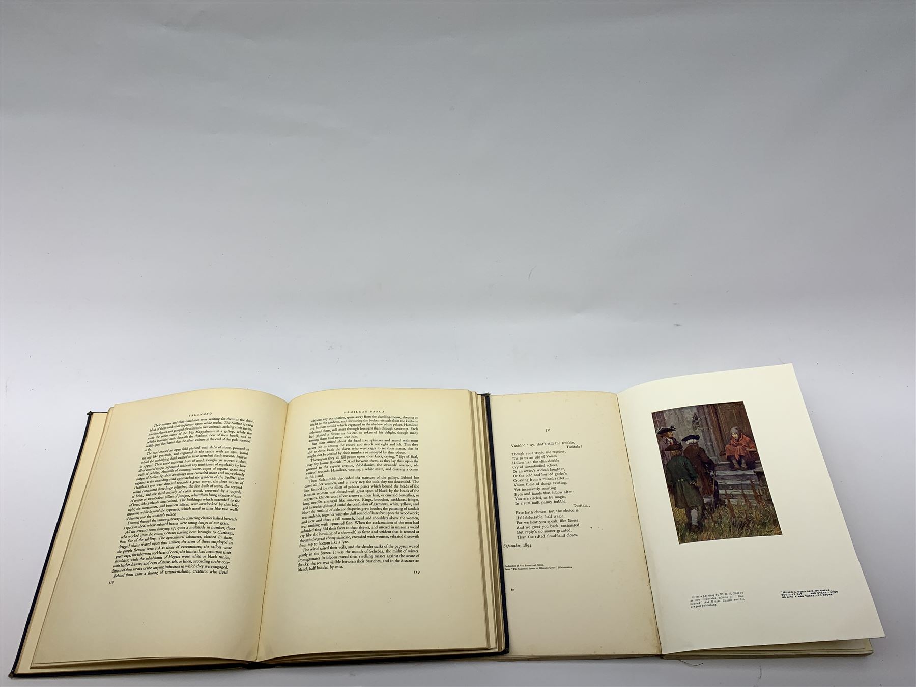 Rubaiyat of Omar Khayyam. The First and Fourth Renderings in English Verse by Edward Fitzgerald with Illustrations by Willy Pogany, with dustjacket; The Wild Harp. A Selection from Irish Poetry by Katharine Tynan with Decorations by C.M. Watts. 1908. Arts & Crafts Celtic style binding, title page and page margins; Flaubert Gustav: Salammbo. Mandrake Press Ltd.; and Robert Louis Stevenson. A Bookman Extra Number 1913 (4)