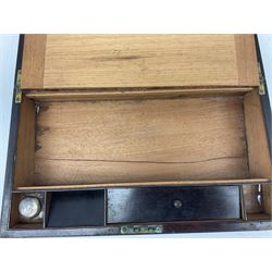 Mahogany writing slope with inlaid mother of pearl decoration and escutcheon, the hinged lid lifting to reveal purple velvet lined compartmented interior, W40cm, H11cm