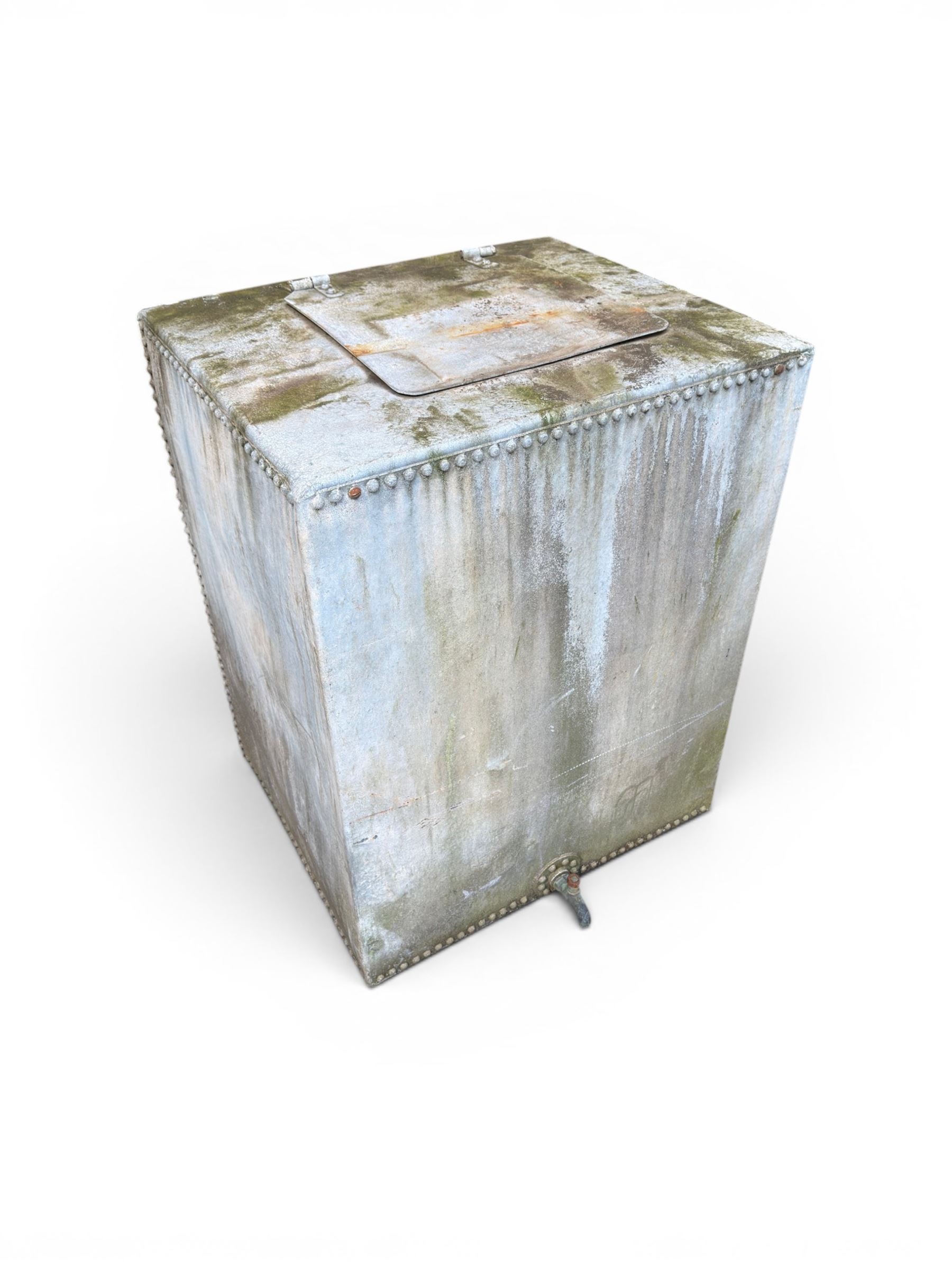 Large early 20th century galvanised water, cube form  with rounded corners and buttoned detail, with tap
