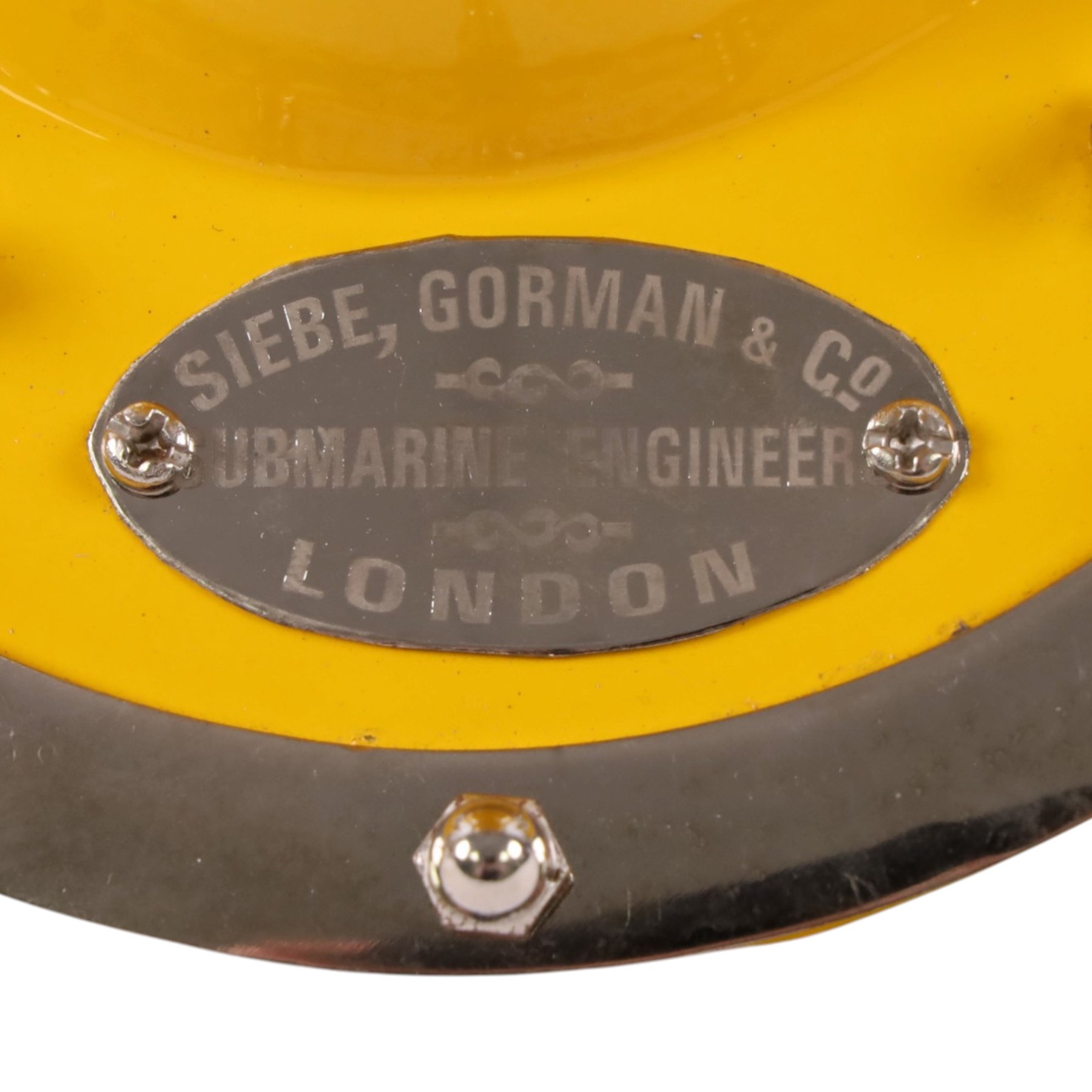 Reproduction miniature yellow divers helmet as Made by Siebe Gorman and Co, Submarine Engineers, London, H20cm