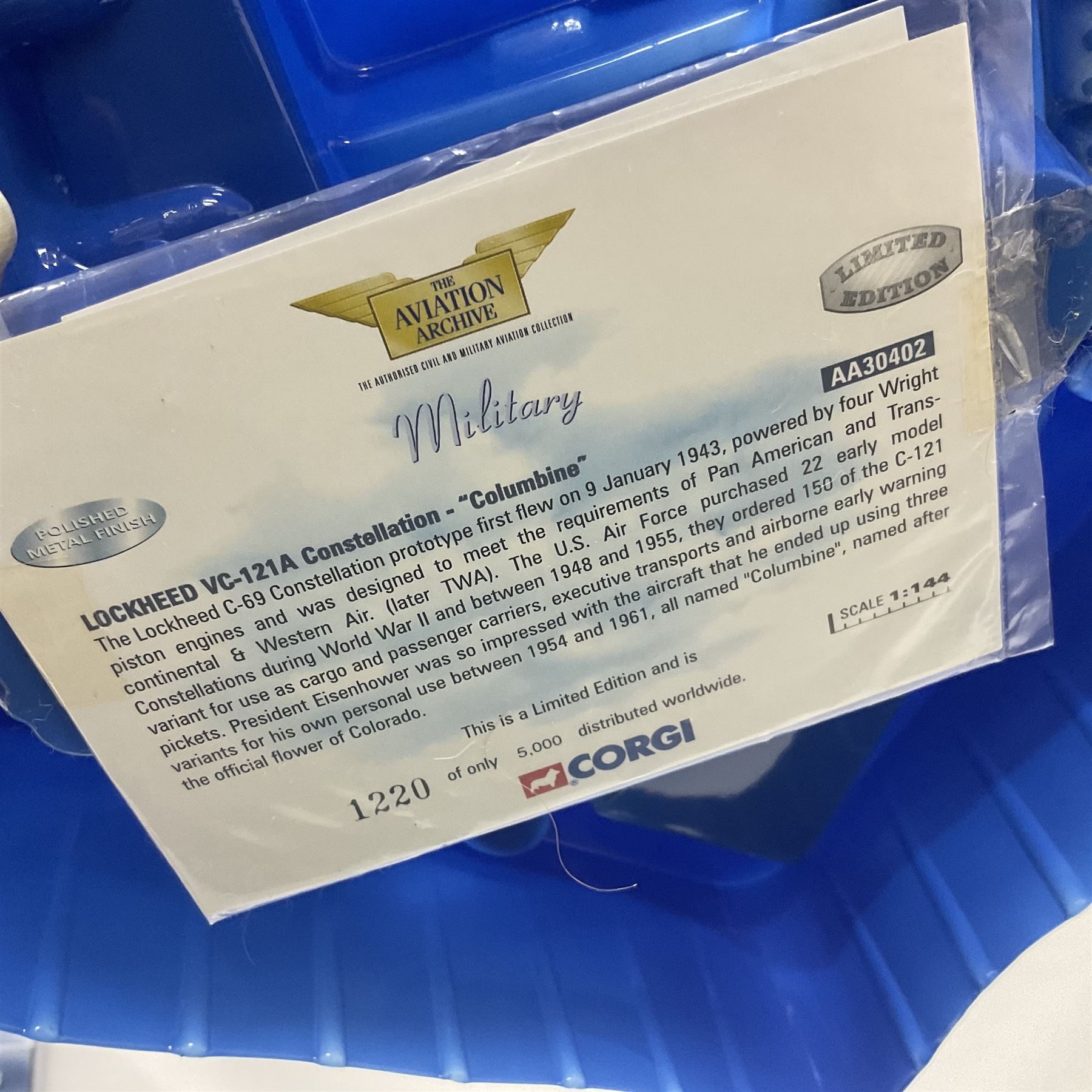 Corgi - Aviation Archive, eight models comprising three ‘Military’ and five ‘Berlin Airlift’ 1:144 scale models, to include limited editions AA31502 Bristol Britannia 312F ‘XX-367’ ‘Team Spirit’ A&AEE Boscombe Down no.686/2500; 48104 Boeing C-97A Stratofreighter Military Air Transport Services no.2815/4000; 47205 Avro York - RAF; 47403 Avro Lancastrian; all boxed (8)