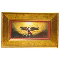 Victor Arseni (Moldovan 1969-): The Four Archangels - Michael Gabriel Raphael and Uriel, set four oils on board signed and inscribed verso 13cm x 29cm (4)