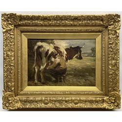 Andrew Douglas RSA (Scottish 1870-1935): Milking Time, oil on canvas signed 'André Douglas' and dated 1902, 26cm x 37cm