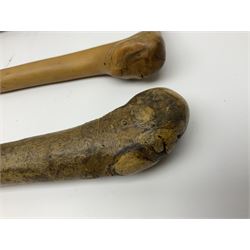 Four wooden walking canes, including a carved mahogany snooker cue example, tallest H86cm