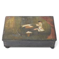 19th century toleware stationary or wafer box, possibly German, with painted cover depicting a child holding oversized quill, seated at a davenport, W20.5cm D13.5cm