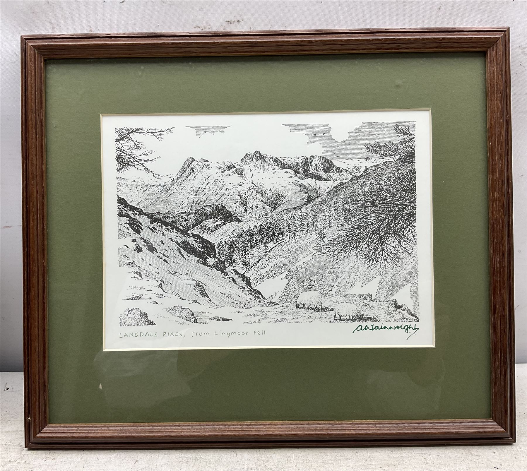 Alfred Wainwright MBE (British 1907-1991): 'Richmond Castle' 'Langdale Pikes from Lingmoor Fell' 'The North-Western Fells' and 'View from Orrest Head', four monochrome prints each signed in pen by the artist max 18cm x 23cm (4)