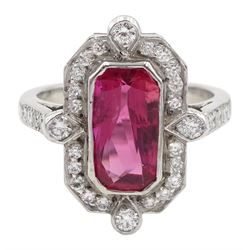 18ct white gold vari-cut rectangular ruby and round brilliant cut diamond cluster ring, with diamond set shoulders, ruby approx 2.35 carat