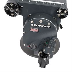 O'Connor 2560 Fluid Head serial no. C1260-2003, with accessories to include pan handle, MOY/Mitchell base plate and tie-down, 150mm bowl adapter and tie-down, quick release base plate and Arri 300mm bottom plate, in custom cut flight case 