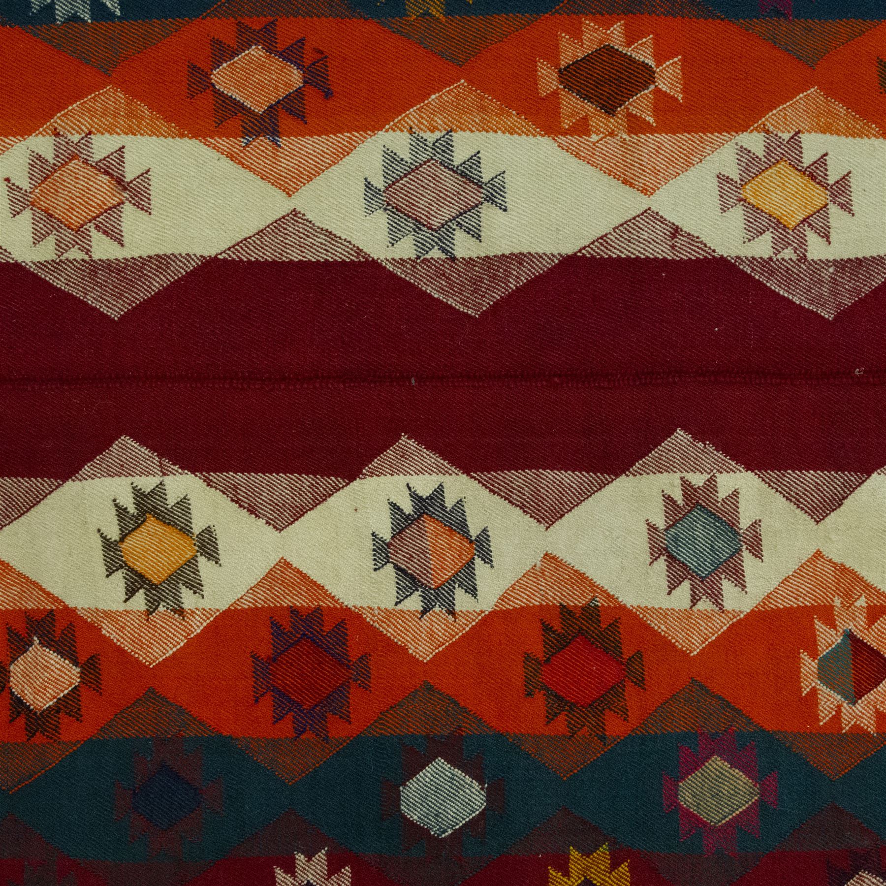 Southwestern Persian Jajim kilim, flat woven in bold bands of crimson, orange, cream, and indigo, decorated with rows of hooked diamond and star motifs 