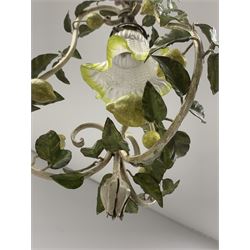 A toleware light fitting modelled with fruiting lemon vines around a frilled glass shade, approximately H48cm