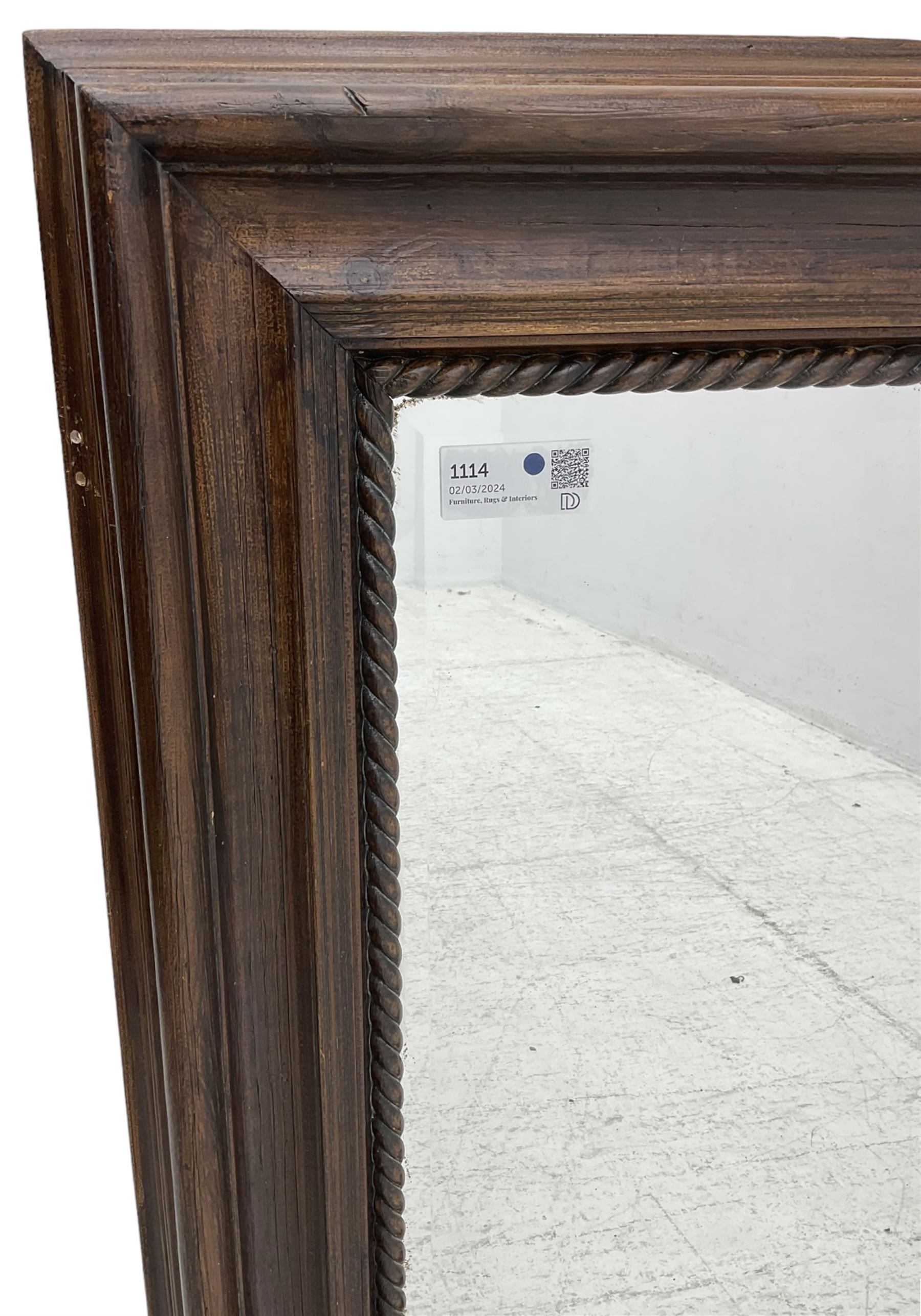 19th century design scumbled pine wall mirror, rectangular bevelled plate with rope-twist slip