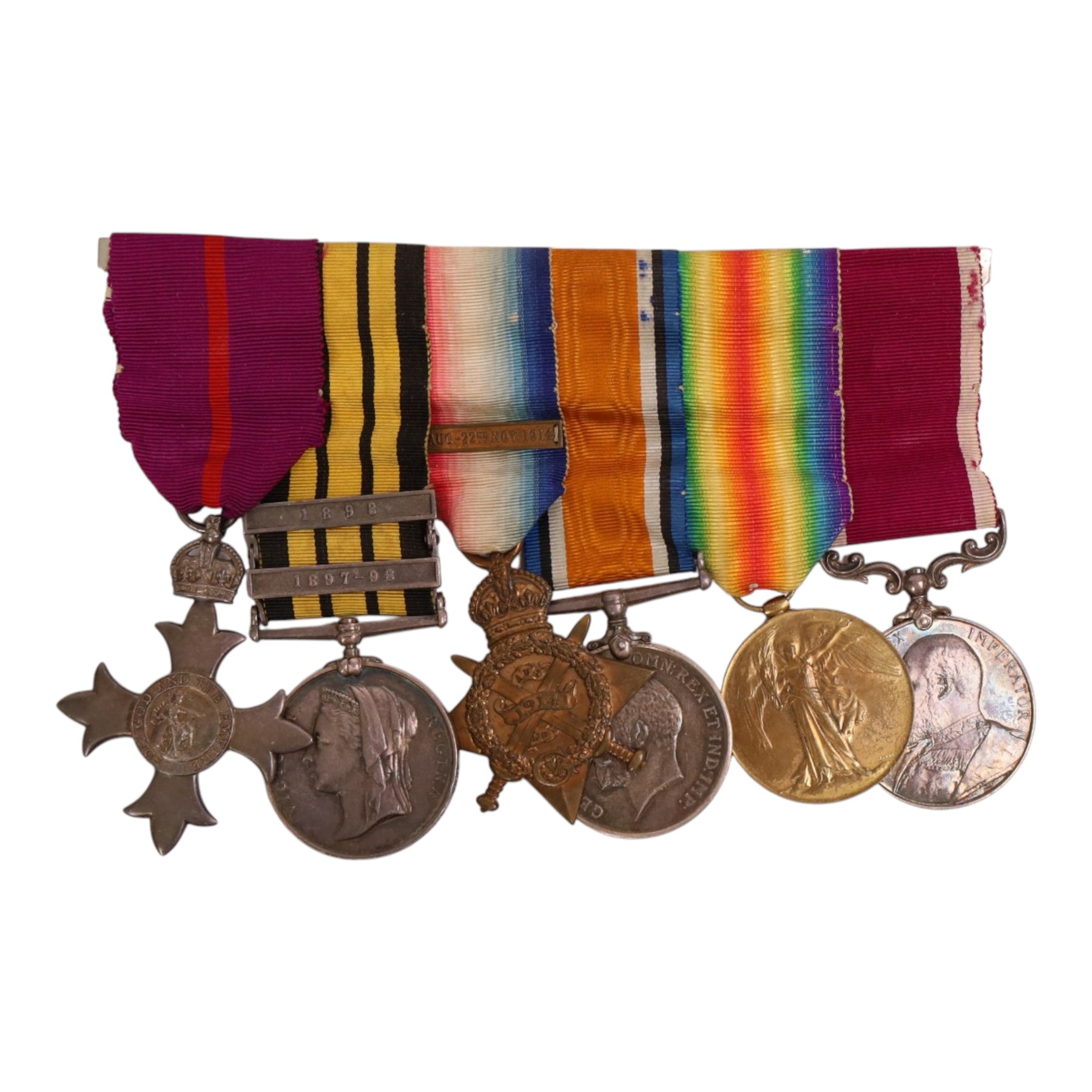 MBE set of six medals, comprising George V MBE, East and West Africa medal with 1898 and 1897-98 clasps, 1914 Star, War medal, Victory medal and Long Service medal, Awarded to 3884 R.S Mjr A Troops Notts & Derby R, with a photograph of British military service man, probably A Troops