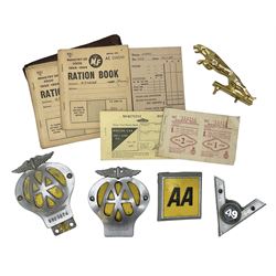 Gold plated leaping Jaguar car mascot, no.7'24265'3WB L12.5cm; three AA car badges and Veteran Motorists car badge; and quantity of 1950s fuel and general ration books