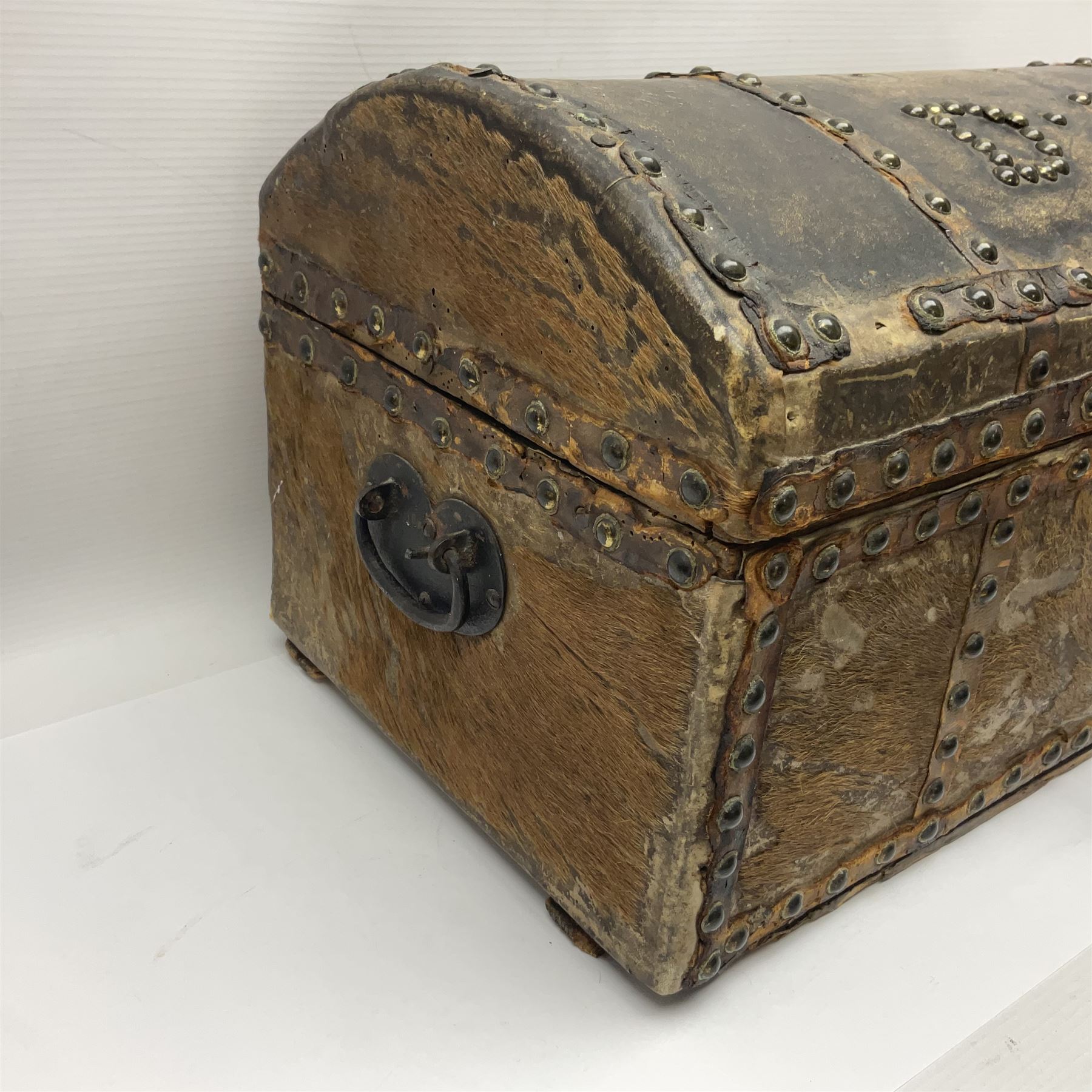 19th century pony skin dome top trunk with metal studded detail, the inside paper label inscribed 'Arabella Brown Trunk, Cheft, Box Maker & Undertaker', H25cm, L46cm 