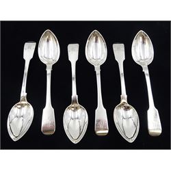 Set of six George IV York silver Fiddle pattern teaspoons, each engraved with initial to terminal, hallmarked James Barber & William North, York 1838