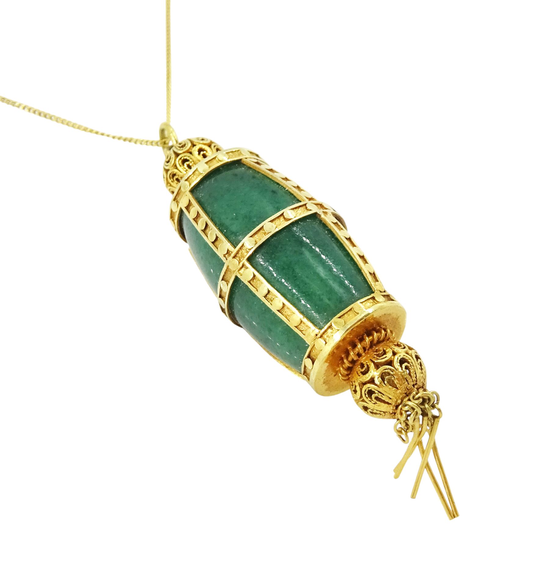 14ct gold jade pendant, with tassel drop, on a 9ct gold trace link chain necklace