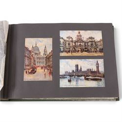Two early to mid 20th century postcard albums, containing black and white and colour postcards, the first labelled Meine Reisen in Indien containing postcards of Arabia, India, Egypt, some personal photographs and newspaper clippings, of postcards, the second labelled Meine Reisen in England, containing mostly postcards of London, some greetings cards etc
