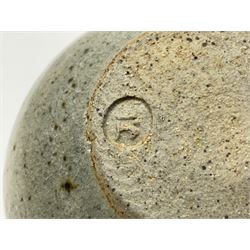 Janet Leach (American, 1918-1997) for Leach Pottery; speckled studio pottery vase of shouldered ovoid form with speckled brown decoration and trailing green and brown glaze upon beige and brown ground, with impressed J.L. monogram and Leach Pottery mark beneath, together with a Jeremy Leach blue speckled lidded circular dish with loop handle, impressed J.L, tallest H11cm