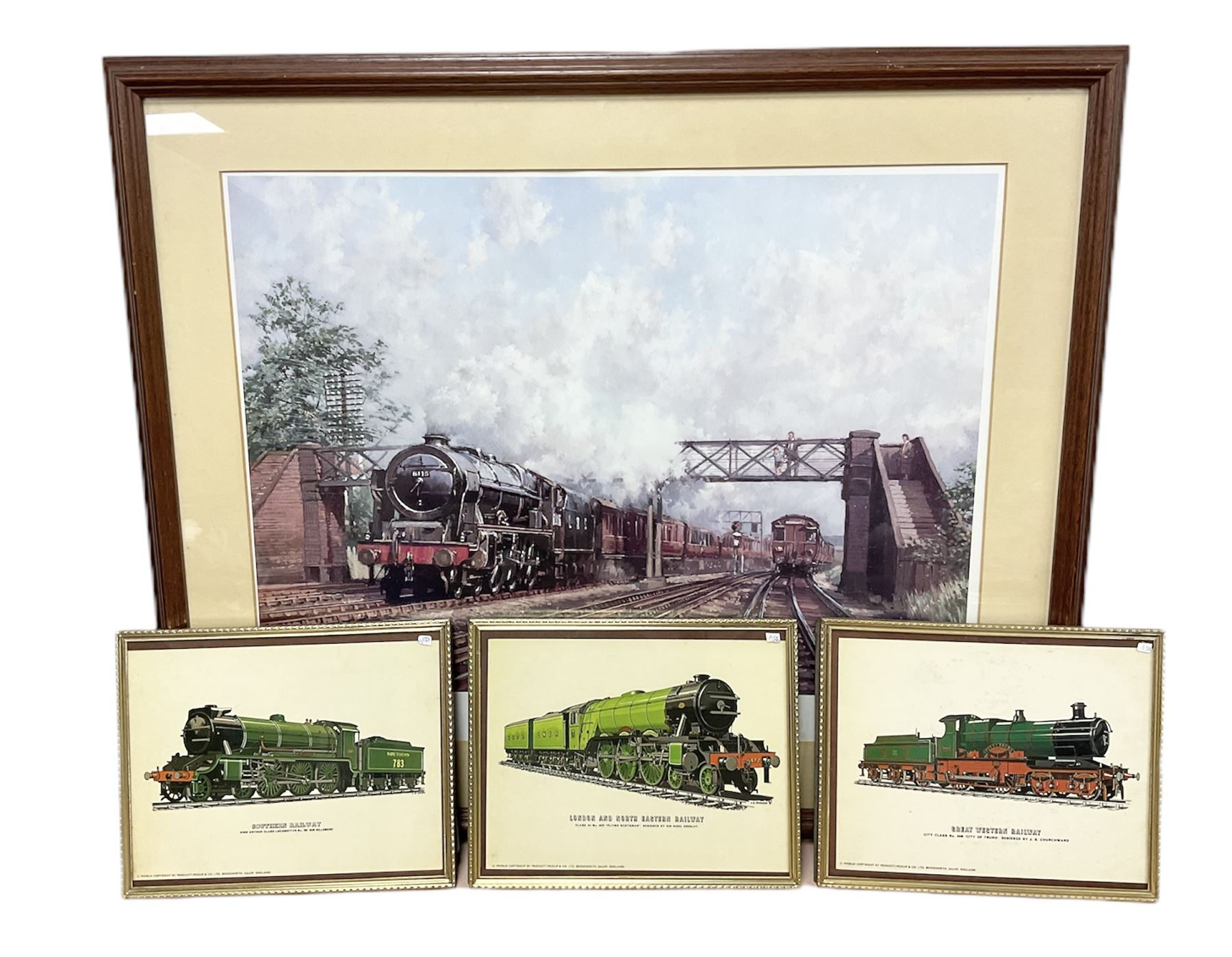 After Peter Owen Jones (British 20th century), 'Scots Guardsman'; limited edition colour print signed in pencil, together with three colour prints of early 20th century steam trains (4)