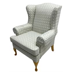 Multi-York - hardwood framed wingback armchair, upholstered pale blue lozenge pattern fabric, on light beech cabriole feet - 6 months old