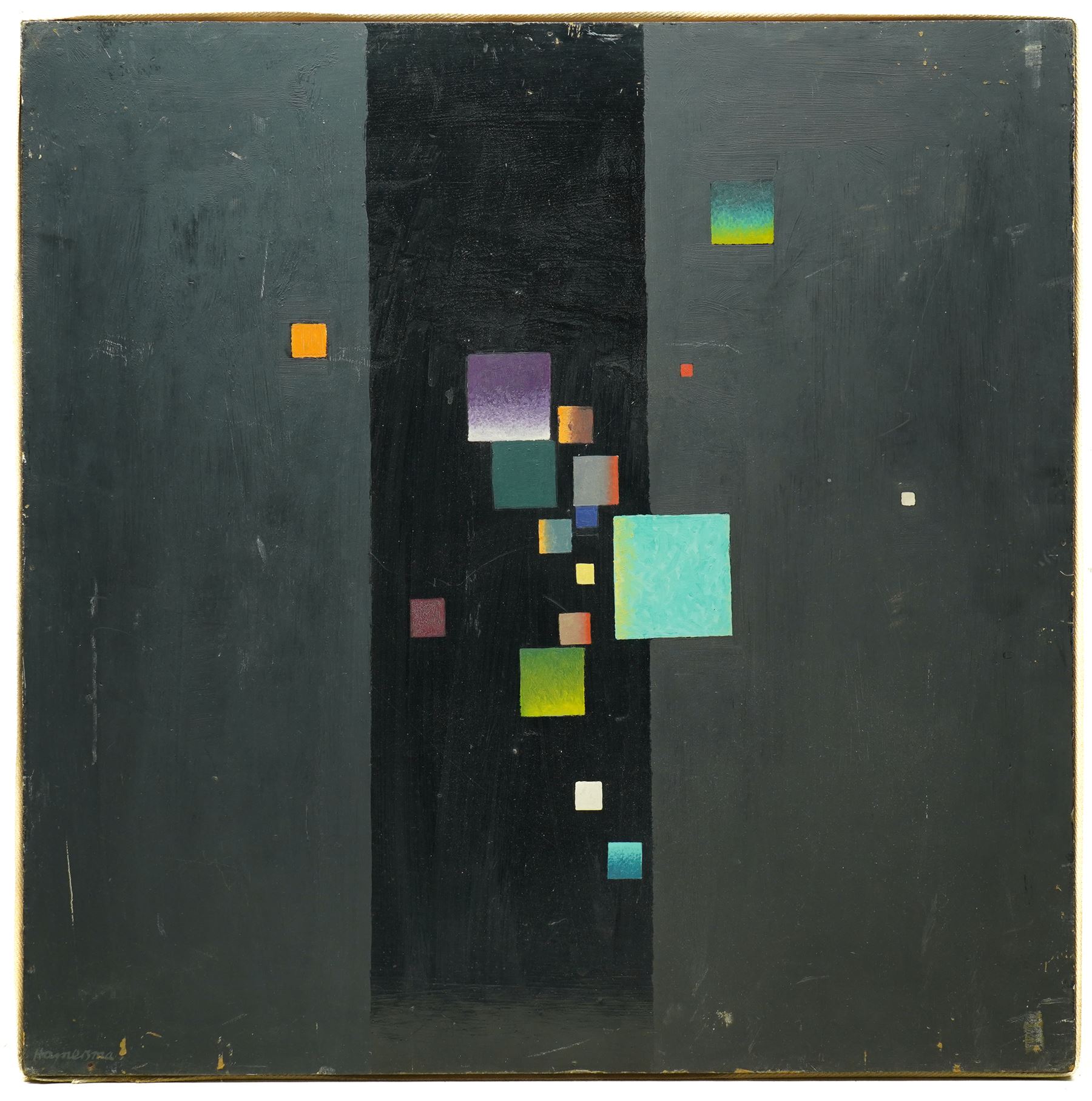 Cyril Hamersma (British 1919-1994): Geometric Cubist Abstract on Black Ground, square oil on board signed 61cm x 61cm 