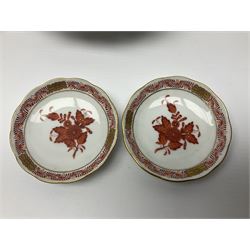 Herend Chinese Bouquet Rose pattern tea service comprising teapot, coffee pot, open sucrier, six cups and saucers, six tea plates, cream jug and stand, milk jug, two teabag holders, preserve pot, two leaf shaped dishes, four egg cups, salt & pepper pots, pair side plates and another plate