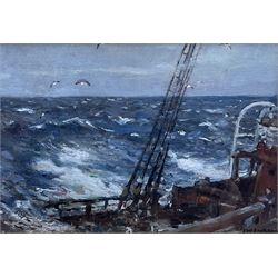 Frederic William Jackson (Staithes Group 1859-1918): Rough Seas onboard a Full Masted Ship, oil on canvas board signed 23cm x 34cm
