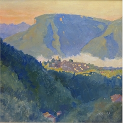  Misty Morning in an Alpine Valley, oil on board signed with initials by Kenneth Carter 24cm x 24cm  Notes: Hull Born sculptor and painter, Principle lecturer at Exeter Collage of Art  