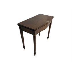 19th century mahogany serpentine fold-over side table, inlaid with foliate motifs, single gate-leg action base, on moulded square tapering supports with spade feet