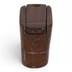 Two 19th Century treen novelty snuff boxes modelled as shoes, both with pinwork decoration, H4cm