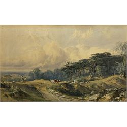 George Arthur Fripp (British 1813-1896): Landscape with Cattle Sheep and Figures, watercolour heightened in white signed and dated 1842, 55cm x 91cm