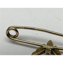 9ct gold pear butterfly brooch, 9ct gold stone set ring and an silver fob watch, all stamped or hallmarked 