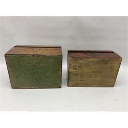 Walnut dressing table box, set with mother of pearl cartouche, opening to reveal a compartmentalised interior with mirror, covered in parts in purple velvet, together with a smaller jewellery box with stencil print, dressing table box H15cm